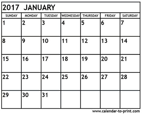 January 2017 Calendar Printable