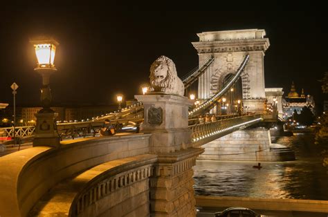 Stone Chain Bridge By Night In Budapest Hungary Image Free Stock