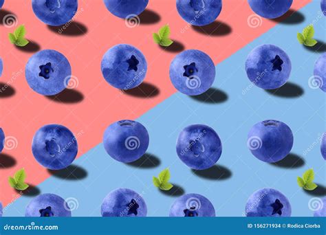 Vivid Fruit Pattern Of Fresh Blueberry On Colourful Background Stock