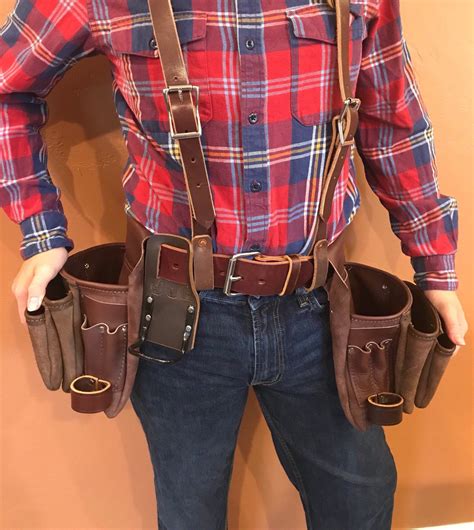 Leather Tool Belt With Suspenders Large 6 Pockets Padded Real Wool
