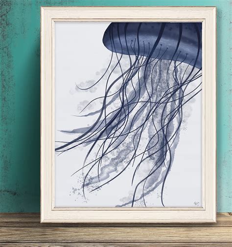 Jellyfish Print Nautical Print Blue Jellyfish Art Blue Art Etsy Uk