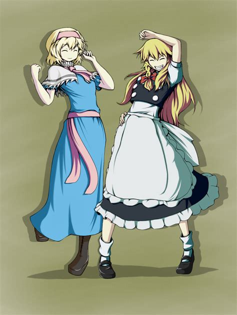 Safebooru 2girls Alice Margatroid Apron Arm Up Arms Up Ascot Blonde Hair Blue Dress Boots