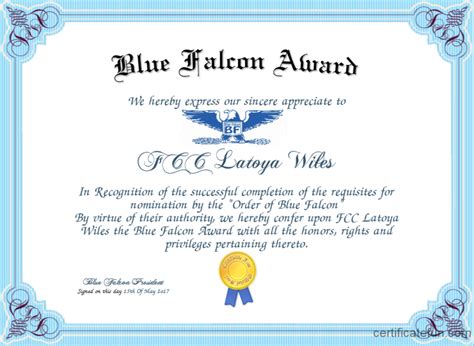 Blue falcon certificate template top 12 best uav humanitarian award | 3000 x 1350. Blue Falcon Award Certificate | Created with Certificatefun.com