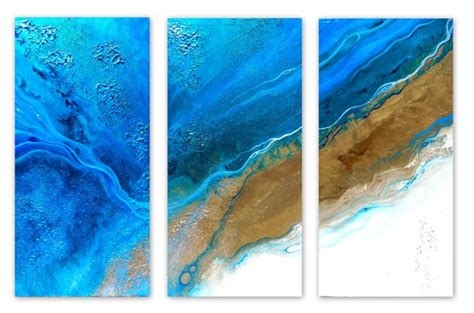 Explore the nordic abstract wall art collection and discover the relationship between hard elements, abstract forms, shape, line and color. Healing Waters Triptych (Holly Anderson)