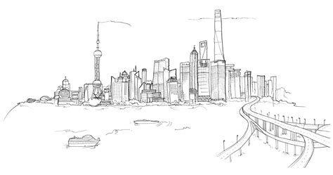 Shanghai Skyline Beautiful Sketch City Style Illustration B And W