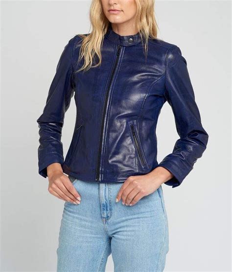 Womens Jessy Blue Cafe Race Stand Collar Leather Jacket