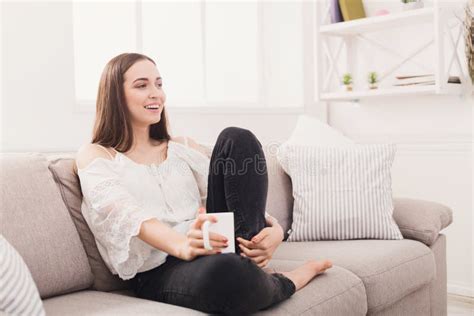 Laughing Woman At Home With Coffee Cup Stock Image Image Of House