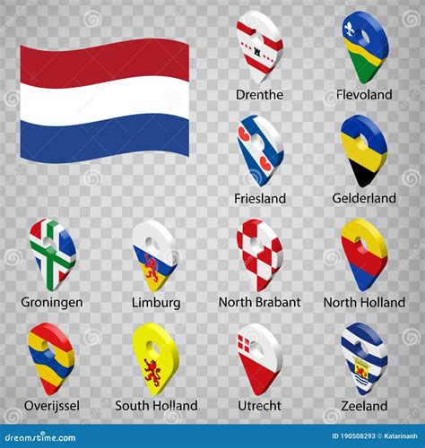 twelve flags the regions of netherlands alphabetical order with name set of 3d geolocation