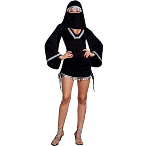Mysterious Silver Coin Trim And Face Veil Black Middle Eastern Burka Woman Arab Costume Girls
