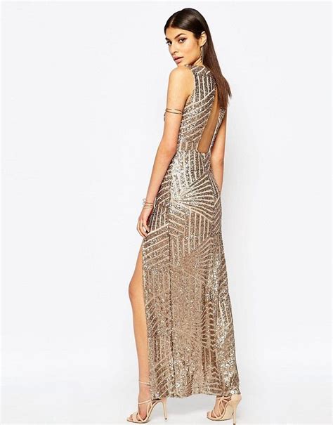Club L Plunge Open Back Sequin Maxi Dress With Thigh Split Maxi Dress