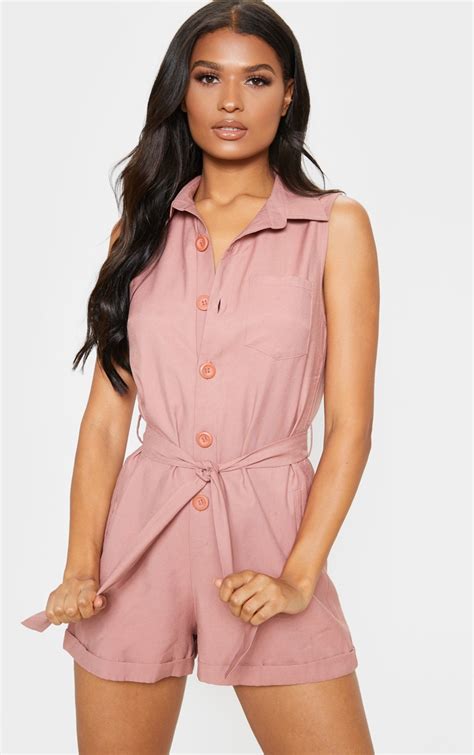 Pink Button Through Tailored Playsuit Prettylittlething