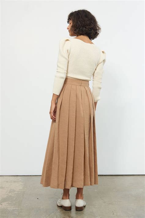 Mara Hoffman Pleated Midi Skirt Size Front Zipper Linen Fabric Paul C Zanne Khaki Ffa