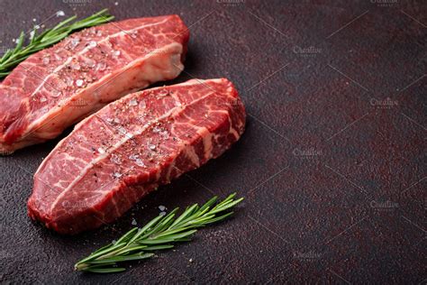 Raw Fresh Meat Top Blade Steaks On D High Quality Food Images