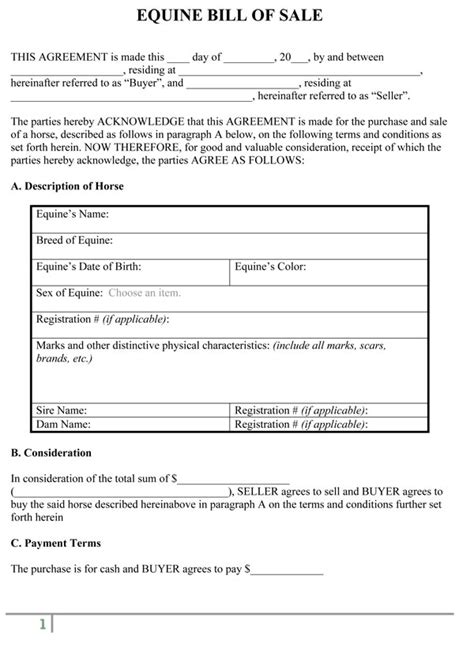 Equine Bill Of Sale Form