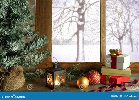 Christmas Window Winter Scene Stock Image Image Of Lantern Snowing