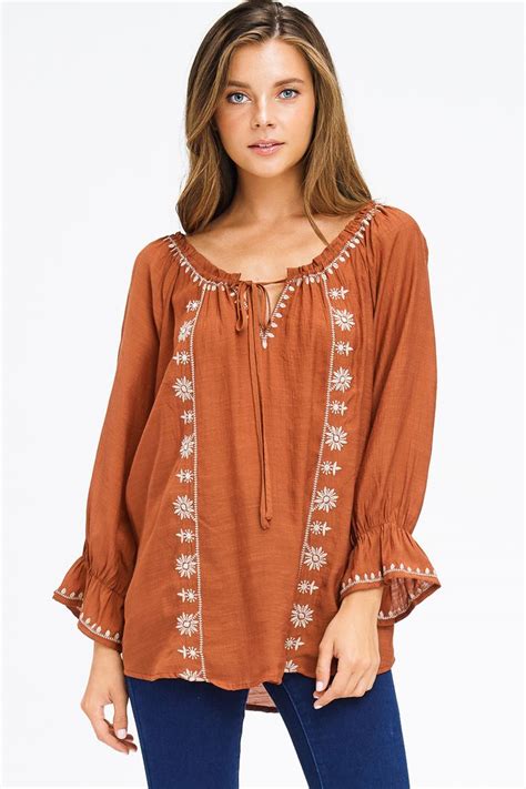 Plus Size Rust Brown Rayon Gauze Off Shoulder Embroidered Boho Peasant