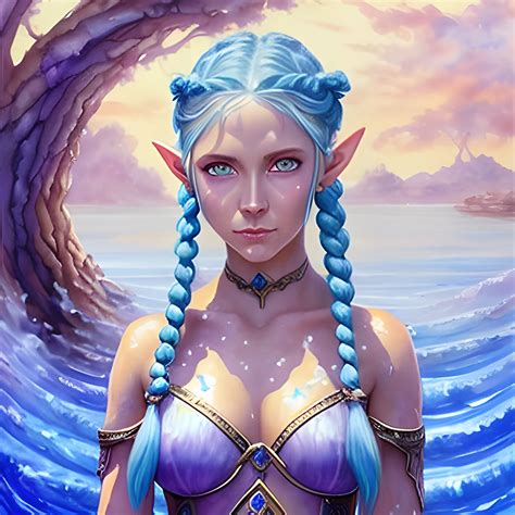 Water female elf with light blue skin, purple eyes, Blue braide