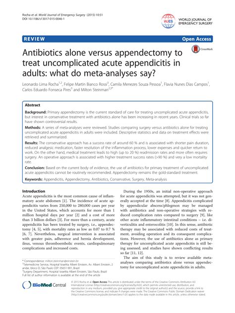 Pdf Antibiotics Alone Versus Appendectomy To Treat Uncomplicated