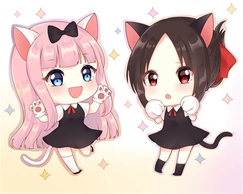 2girls Animal Ears Blue Eyes Brown Hair Catgirl Chibi Dress Fujiwara