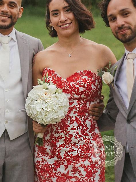 Embroidering a wedding dress is not only about design, but also about great skill. Red Lace Wedding Dress with Ivory Tulle, Strapless ...