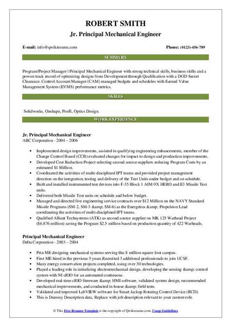 Mechanical engineer resume samples and writing guide for 2021. Principal Mechanical Engineer Resume Samples | QwikResume