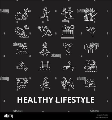 Healthy Lifestyle Editable Line Icons Vector Set On Black Background