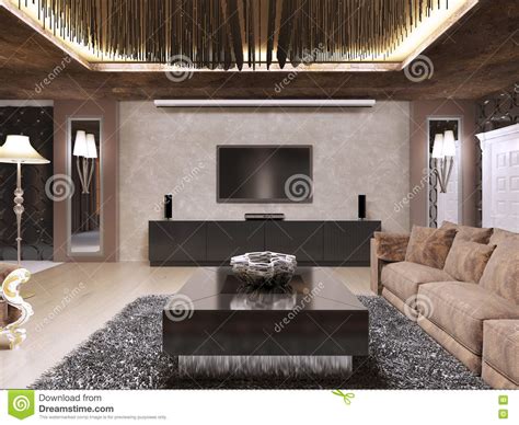 Tv Unit In Luxury Living Room Designed In Modern Style Stock
