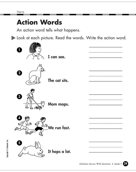 Action Words Grade 1 Worksheet