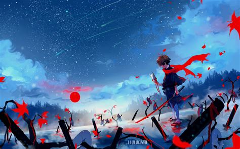 Wallpaper Anime Sky Sword Clouds Blood Moon