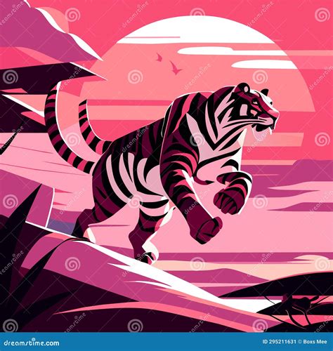 Tiger Running On The Cliff In The Sunset Vector Illustration Stock
