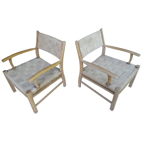 1950s Scandinavian Danish Modern Oak Rope Low Lounge Chairs For Sale At