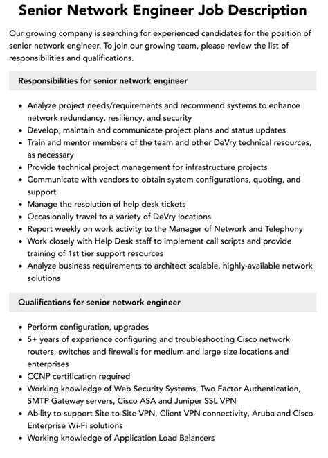 Senior Network Engineer Job Description Velvet Jobs