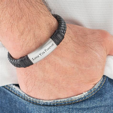 Personalized Engraved Black Leather Name Bracelet For Men Stainless
