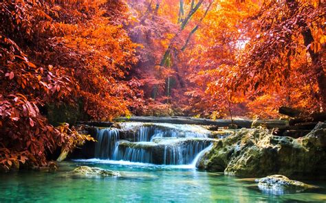 Nature Landscape Waterfall Forest Fall Sun Rays Trees Thailand Colorful River Wallpaper
