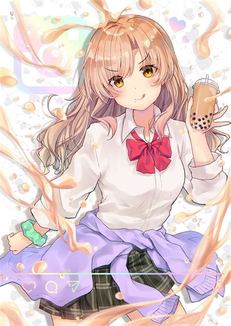 Anime Girls Drinking Bubble Tea Cute Anime Girl Drinking Boba Hd Phone