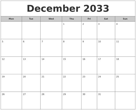 December 2033 Free Monthly Calendar