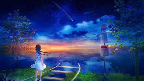 Desktop Wallpaper Night Out Anime Girl Fantasy Colorful Skyline Hd