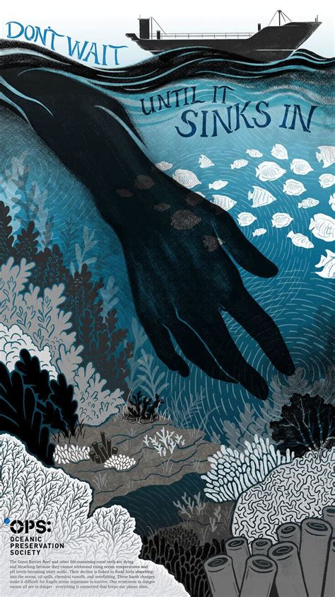 A Poster With An Image Of A Hand Reaching Out To The Water And Corals