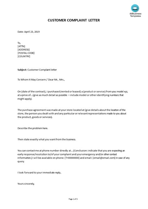 Customer Complaint Letter Sample Templates At