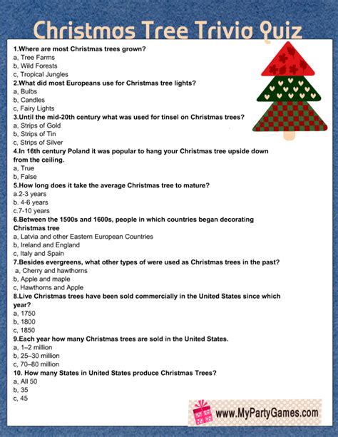 Click the question mark found beside each question for the answer. Free Printable Christmas Tree Trivia Quiz
