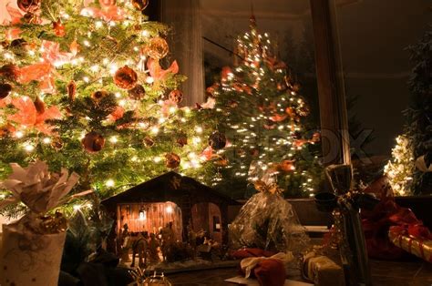 Beautiful Lit Christmas Tree With Presents Nativity Scene