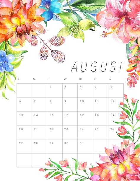 An August Calendar With Watercolor Flowers On It