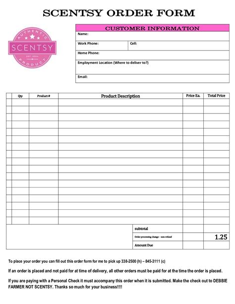 Best Templates: Scentsy Order Form