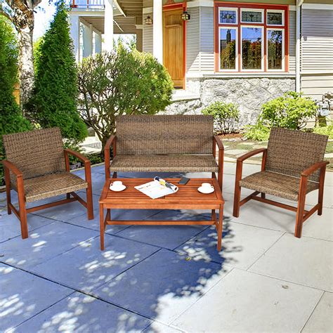 Gymax 4PCS Patio Conversation Set Outdoor Furniture Set w/ Acacia Wood ...