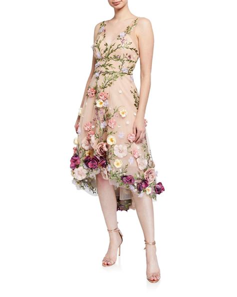 Marchesa Notte V Neck Embroidered High Low Dress W 3d Flowers Neiman