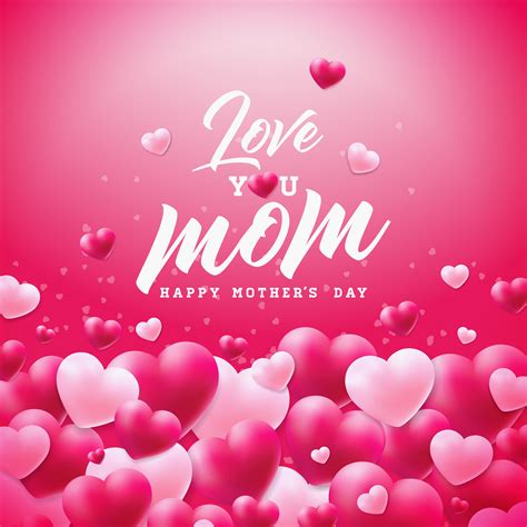 Happy Mothers Day Greeting Card Design With Heart And Love You Mom Typographic Elements On Red