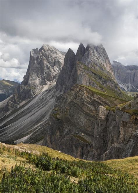 Dramatic Mountain Peaks Of Seceda With Heavy Clouds In The European