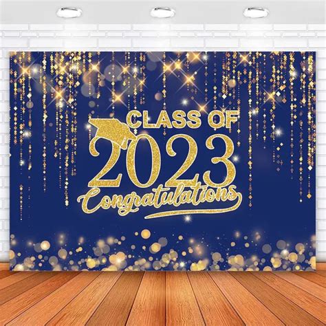 Class Of 2023 Graduation Backdrop Blue And Gold Bokeh Glitter Spots