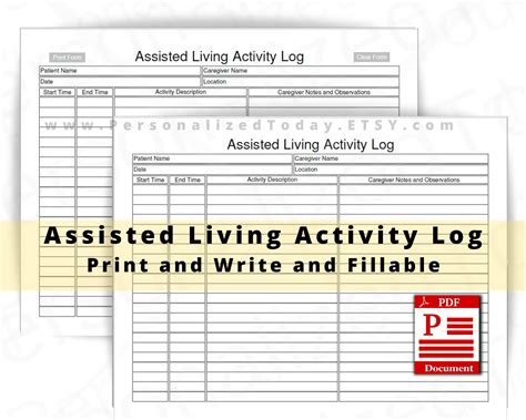 Assisted Living Activities Log Pdf Digital Downloads Includes One Print And Write Pdf And One