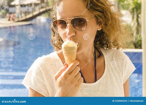 Beautiful Woman Licking Ice Cream Stock Image Image Of Icecream Person 220000325